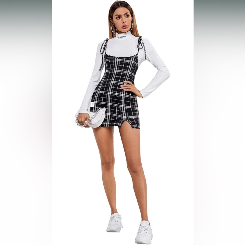 Pre-Owned Shein Women's Plaid Lace Up Suspender Bodycon Short Sundress
